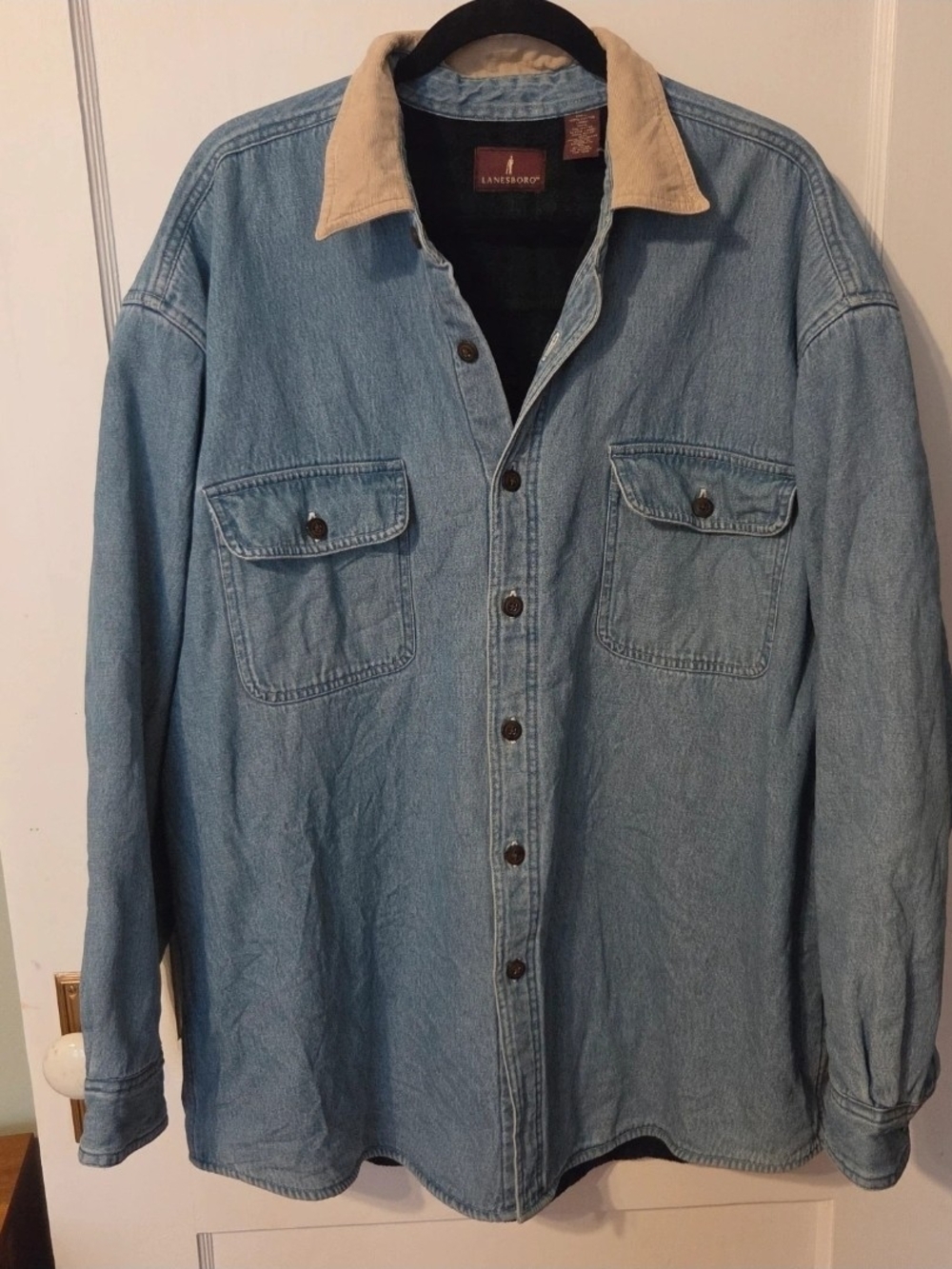 Vintage Lanesboro Men's Light Blue Denim Jacket with Tan Corduroy Collar Fleece